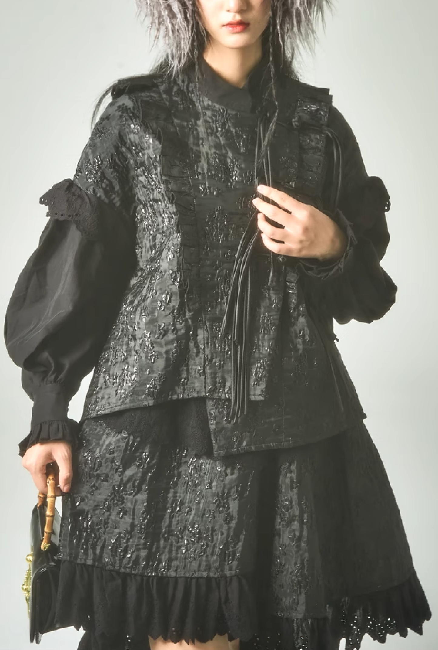 Jacquard Lace Shirred Ruffled jacket & Skirt