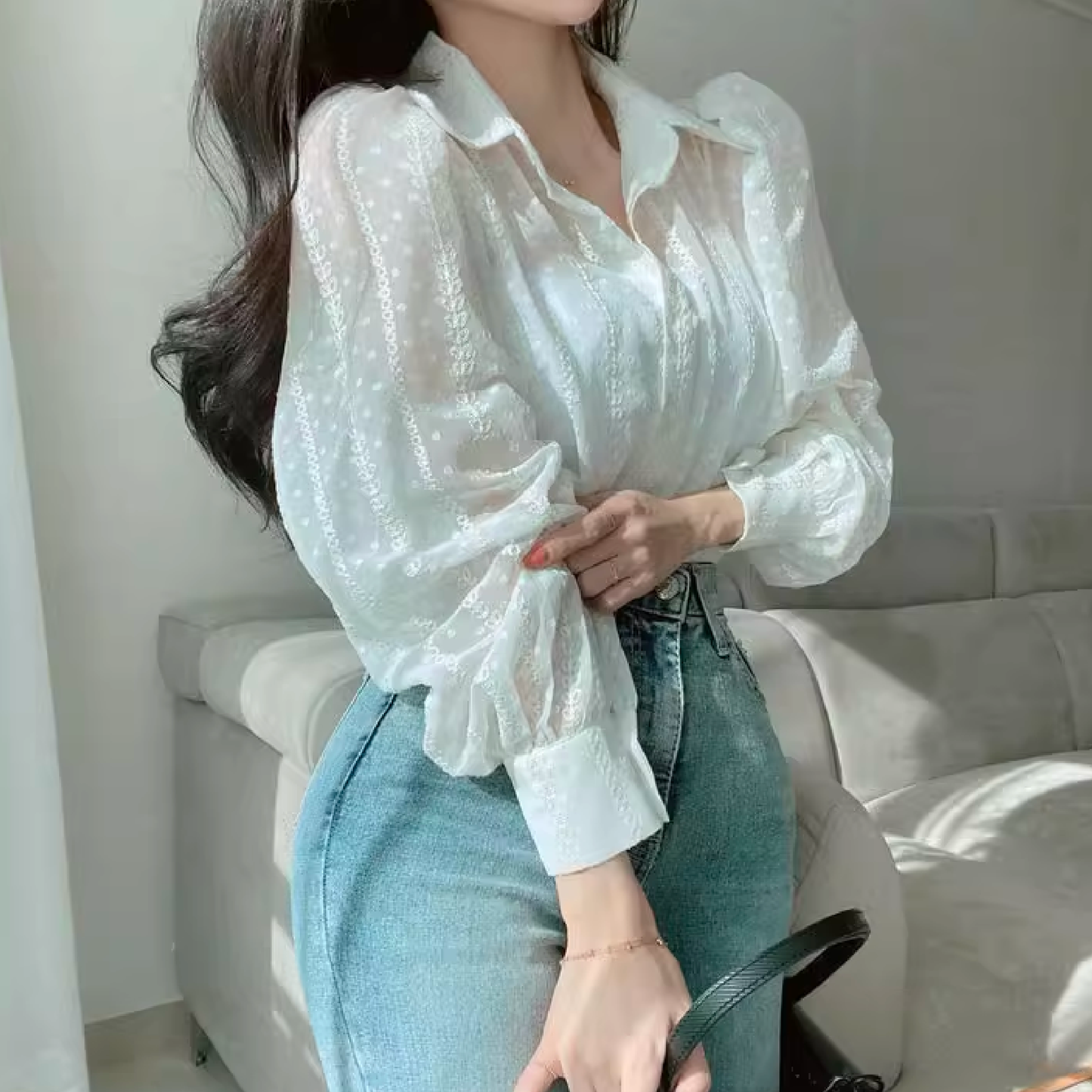 puff sleeve sheer shirt